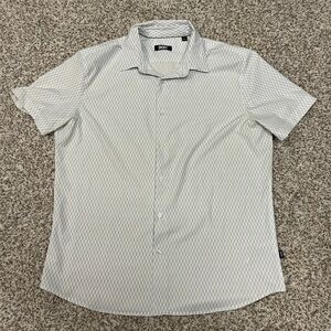 DKNY Men's Patterned Short Sleeve Button Down Blue and White Shirt